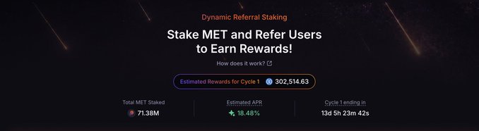 A dark promotional banner for 'Dynamic Referral Staking' showing 'Stake MET and Refer Users to Earn Rewards!' with estimated rewards of 302,514.63, total MET staked at 71.38M, estimated APR of 18.48%, and a cycle countdown of 13d 5h 23m 42s.
