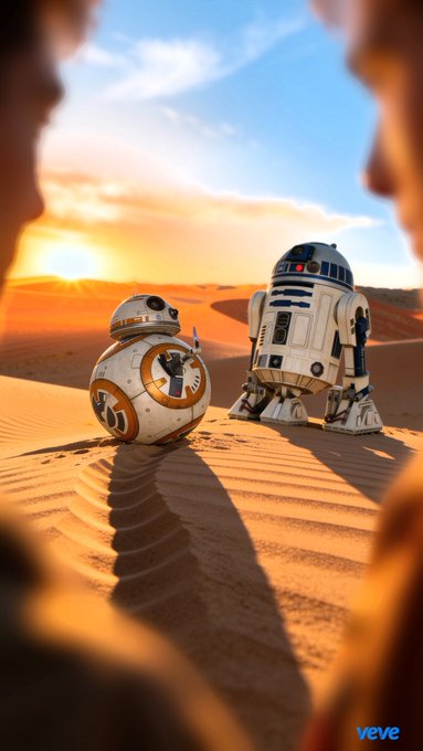 A desert scene at sunset featuring the Star Wars droids BB-8 and R2-D2 standing on sand dunes, with the 'veve' logo in the bottom right corner.