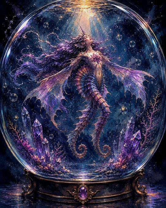 A fantasy digital artwork depicts a purple-scaled mermaid-like figure with flowing hair and translucent wings suspended inside a glowing crystal sphere, surrounded by amethyst crystals and bubbles, resting on an ornate base with a purple gem.