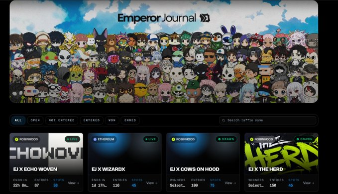 The image shows the "Emperor Journal" raffle platform homepage displaying a colorful banner filled with various NFT character avatars, with live raffles including "EJ X ECHO WOVEN" (Live, 22h 8m left, 87 entries, 38 spots) and "EJ X WIZARDX" (Live, 1d 17h left, 116 entries, 45 spots), along with upcoming drawings like "EJ X COWS ON HOOD" and "EJ X THE HERD." This directly relates to the post announcing Emperor Raffle is live, showcasing the active and upcoming NFT collaboration draws where users can participate by entering raffles for partner project NFTs.