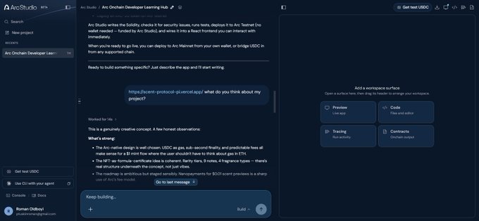 A screenshot of Arc Studio's Beta platform showing an 'Arc Onchain Developer Learning Hub' project with AI chat responses about USDC integration and USDe stablecoin.