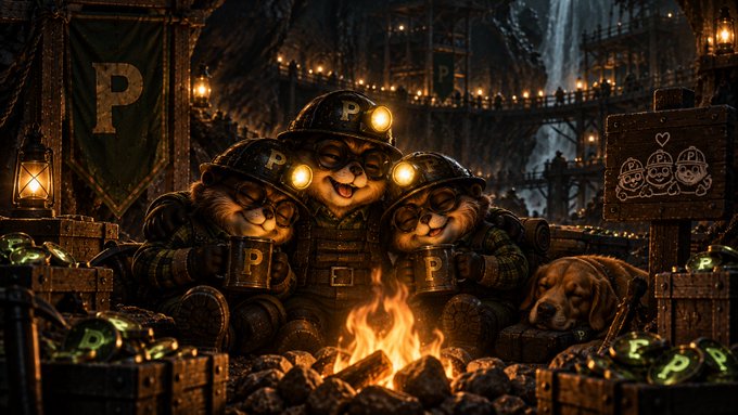 A dark fantasy illustration of three goblin-like creatures wearing helmets with 'P' logos, sitting around a campfire with mugs, accompanied by a dog and treasure chests in a mine setting.