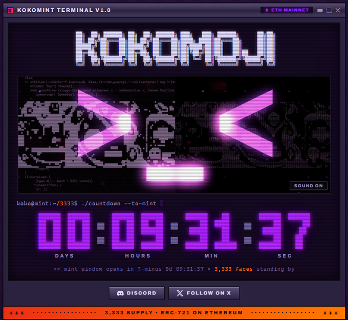 A retro computer terminal interface displays 'KOKOMOJI' with a countdown timer showing 00 days, 09 hours, 31 minutes, 37 seconds, mentioning '3,333 SUPPLY • ERC-721 ON ETHEREUM' and links to Discord and X.