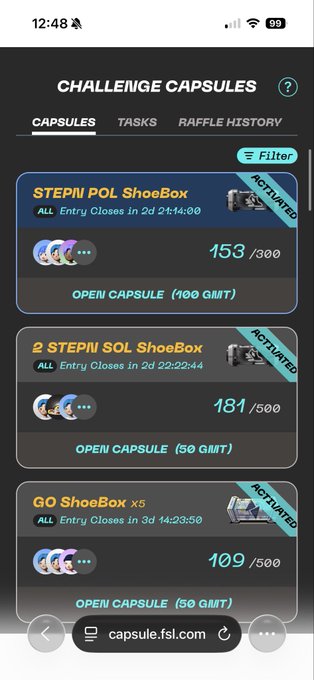 A screenshot of a mobile app interface showing 'CHALLENGE CAPSULES' with options for 'CAPSULES', 'TASKS', and 'RAFFLE HISTORY', displaying active challenges like 'STEPN POL ShoeBox' and 'GO ShoeBox' on the website capsule.fsl.com.