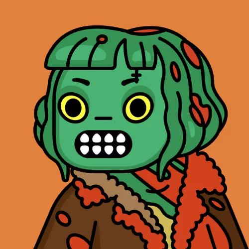 urn of blood, a green monster with red spots on its face and arms, stands against an orange background.