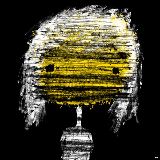 A stylized digital artwork of a person's head and shoulders rendered in black, white, and yellow strokes against a black background.
