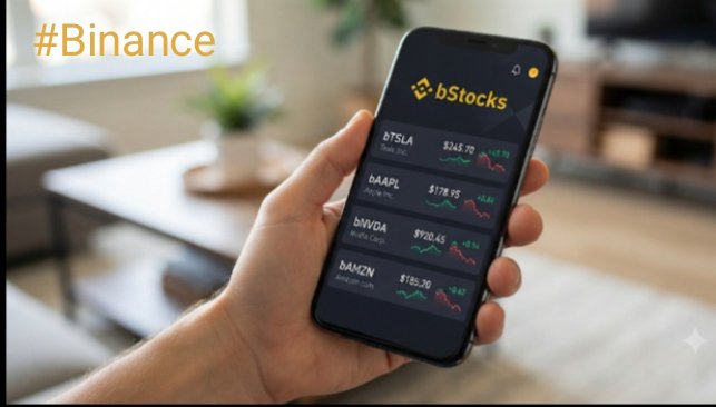 A hand holds a smartphone displaying Binance's new "bStocks" feature, showing tickers like TSLA ($243.70), AAPL ($178.75), NVDA ($910.45), and AMZN ($185.70) with corresponding price charts. The image illustrates the post's message about accessing major stocks conveniently through Binance's mobile platform.