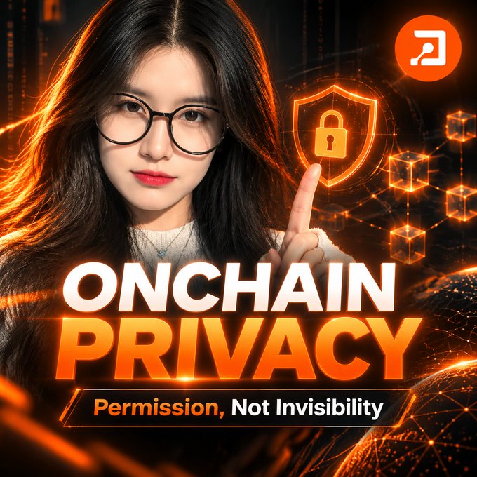 A promotional graphic titled "ONCHAIN PRIVACY: Permission, Not Invisibility" features a woman pointing upward next to an orange padlock shield and blockchain cube imagery.