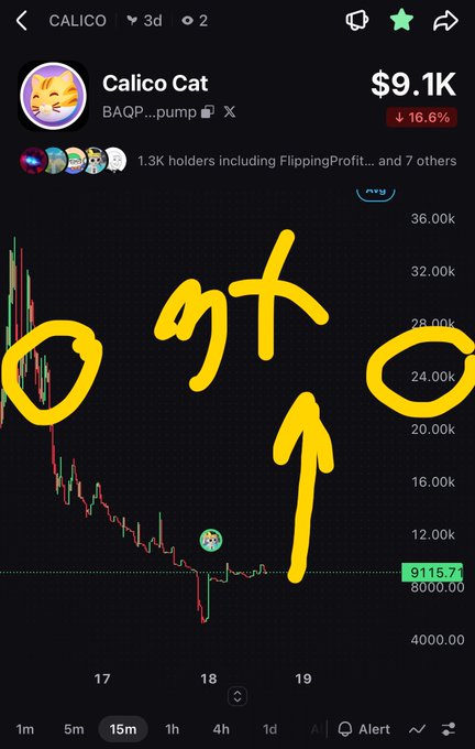 A candlestick chart for the meme coin "Calico Cat" (CAQP...pump) showing a sharp decline from ~$36k to around $9,115, with hand-drawn yellow annotations reading "OK" and an upward arrow suggesting an expected price recovery. The chart's current low at $9.1K (-16.6%) is highlighted to emphasize a potential breakout point.
