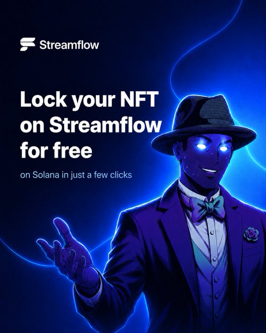A Streamflow promotional graphic with the text 'Lock your NFT on Streamflow for free on Solana in just a few clicks', featuring an illustration of a man in a fedora and suit with glowing blue eyes.