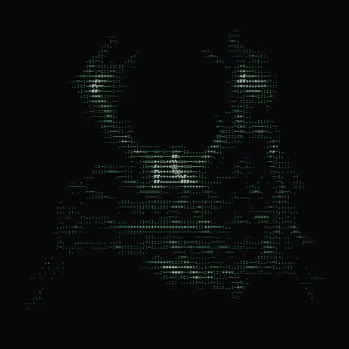 A dark digital art piece depicting a stylized figure composed of green and white pixelated text/code lines, resembling the iconic "Rekt Tradeor" character rendered in an ASCII or glitch-art style.