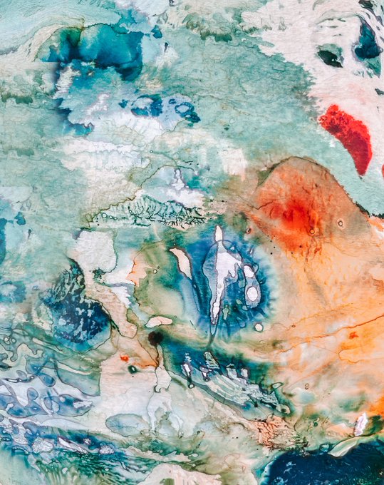 Abstract painting with swirling teal, blue, white, and orange patterns resembling a fluid or marbled texture.