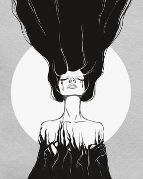 A black and white digital illustration of a person with long flowing hair, appearing distressed as black flames consume their body.