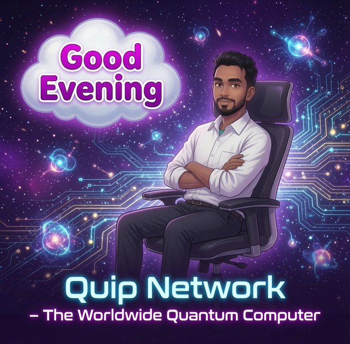 A digital illustration of a man sitting in a chair within a cosmic, circuit-board background, accompanied by a 'Good Evening' speech bubble and the text 'Quip Network - The Worldwide Quantum Computer.'