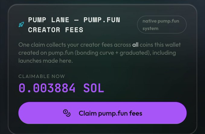 Pump Lane interface for claiming pump.fun creator fees showing 0.003884 SOL claimable with a purple 'Claim pump.fun fees' button.