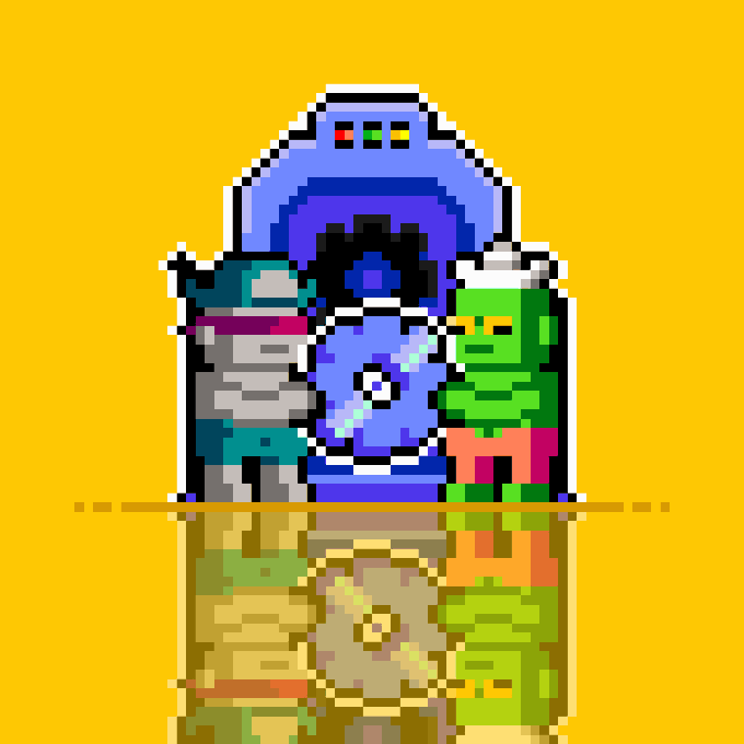 A pixel art image on a yellow background shows two characters—a gray astronaut-like figure and a green alien—standing before a blue portal, with their reflection appearing below in a mirrored surface. The scene's retro arcade aesthetic complements the post's announcement of the "ZecBit Launchpad," where upcoming projects (symbolized by the characters ready to pass through the portal) will be unveiled alongside new benefits for Genesis holders.