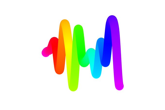 A colorful 3D rendered audio waveform or sound wave in a rainbow gradient on a white background.