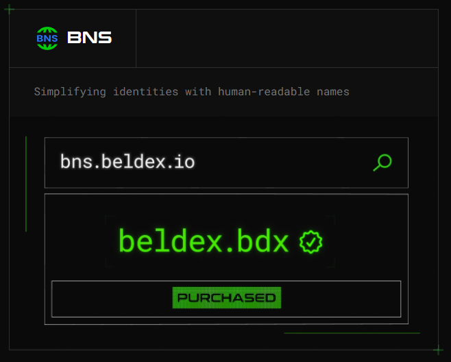 The image shows a Beldex Name Service (BNS) interface with the tagline "Simplifying identities with human-readable names," featuring a search field where the domain "bns.beldex.io" is entered and the result "beldex.bdx" is displayed as purchased.

The image visually illustrates the post's point by showing how BNS transforms unwieldy crypto addresses into clean, readable `.bdx` names, making private applications more user-friendly.