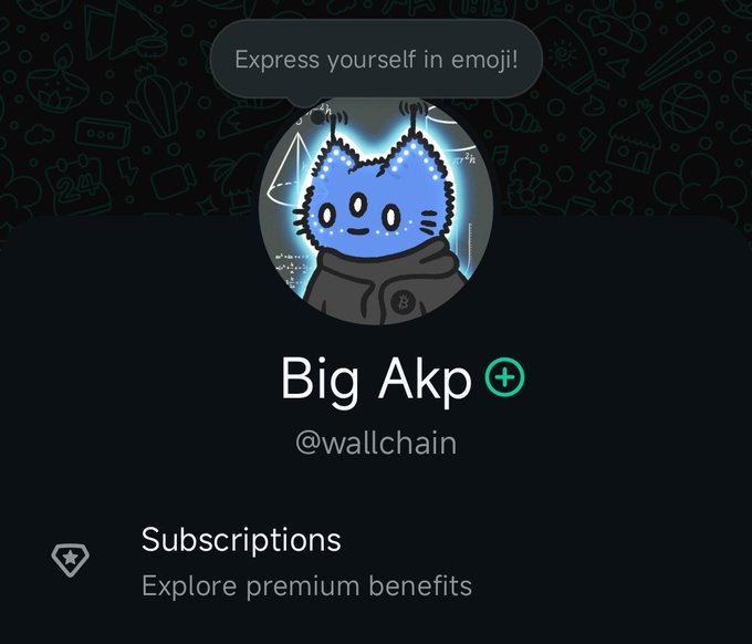 A Telegram sticker pack profile for "Big Akp" (@wallchain) featuring a blue cat-like character with a speech bubble reading "Express yourself in emoji!" and a Subscriptions option.
