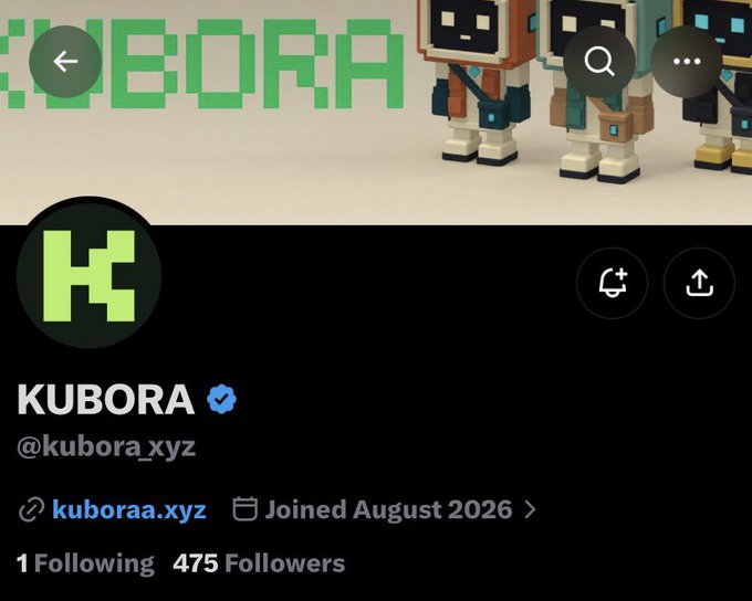 A Twitter/X profile page for KUBORA (@kubora_xyz), verified, showing 475 followers, a website link to kuboraa.xyz, and joined in August 2026. The pixel-art robot banner matches the context of the post announcing a 3,000-supply collaboration mint on the Robinhood chain.