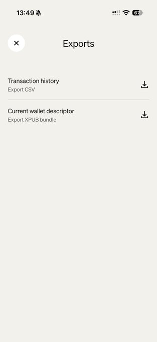A mobile screen showing an "Exports" menu with two options: "Transaction history" (Export CSV) and "Current wallet descriptor" (Export XPUB bundle). The image relates to the post by illustrating the export step required to obtain the wallet descriptor file that needed editing for Nunchuk compatibility.