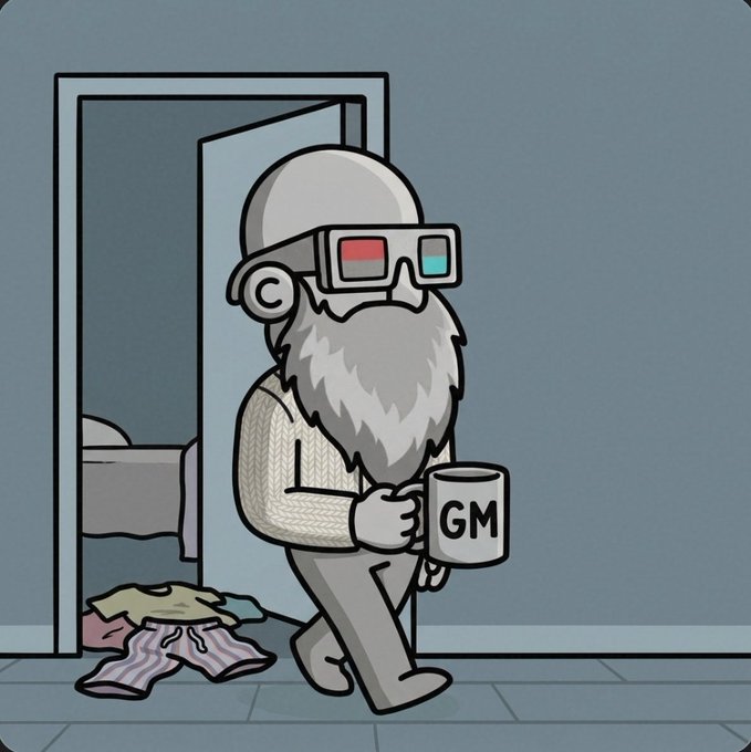 A cartoon depicts an elderly bearded man wearing 3D glasses and holding a mug labeled 'GM' as he exits a bedroom with clothes on the floor.