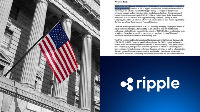 The graphic shows an American flag hanging on a classical stone building alongside an excerpt from Ripple's proposed bank application with the OCC, and the official Ripple logo—visually reinforcing the announcement that the OCC has approved crypto firms like Ripple to operate as national banks within the U.S. banking system.