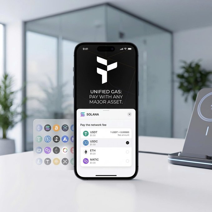 A smartphone displays a cryptocurrency payment interface with the text "UNIFIED GAS: PAY WITH ANY MAJOR ASSET" alongside a Solana wallet prompt showing options to pay network fees using USDT, USDC, ETH, or MATIC. The image illustrates the @useTria concept of unifying multi-chain transactions by allowing users to select their preferred asset to cover gas fees, eliminating the need to hold specific native tokens across different blockchains.