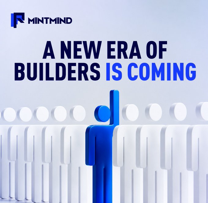 A promotional graphic for Mintmind featuring a blue 3D figure raising its arm in front of a crowd of white figures, with the bold headline "A NEW ERA OF BUILDERS IS COMING" displayed above, visually representing the emergence of a new wave of AI-driven builders highlighted in the accompanying post about AI agents transforming development.