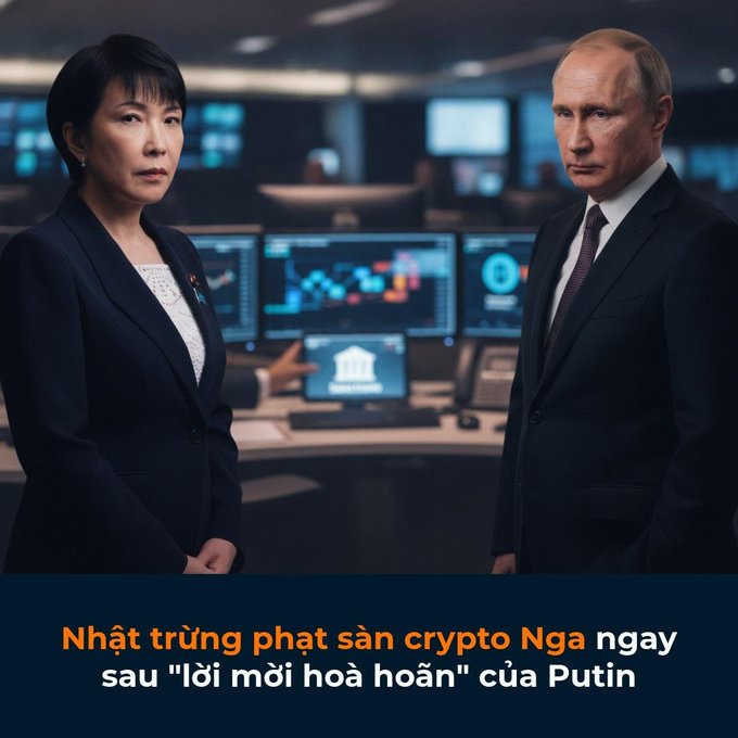 A Vietnamese news thumbnail showing two figures (resembling a Japanese official and Putin) in a control room, with text reading 'Nhật trừng phạt sàn crypto Nga ngay sau "lời mời hòa hoãn" của Putin' (Japan sanctions Russian crypto platforms right after his 'reconciliation invitation').