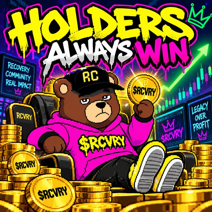 A cartoon bear mascot wearing a pink '$RCVRY' hoodie and 'RC' cap sits on a throne of coins, holding up a '$RCVRY' coin with the bold graffiti-style text 'HOLDERS ALWAYS WIN' and the words 'RECOVERY COMMUNITY REAL IMPACT' and 'LEGACY OVER PROFIT' on side screens.