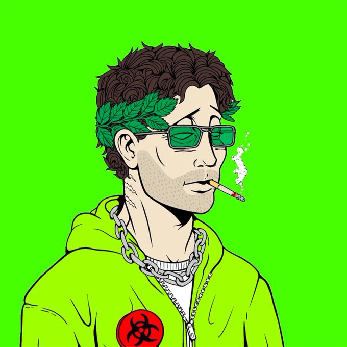A 3D animated character with brown hair, green sunglasses, a laurel wreath, and a biohazard jacket, smoking a cigarette against a bright green background.