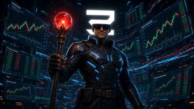 A cyberpunk warrior in futuristic armor and a stylized "Z" emblem wields a glowing red staff amid a chaotic backdrop of trading charts and "X" data panels, visually representing the volatile crypto markets and the dominant position suggested by the post's mention of a lingering Hyperliquid fill tied to Zeru Finance's verified wallet tracking.