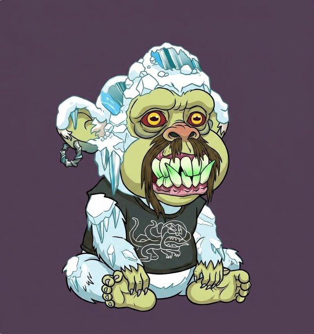 A cartoon illustration of a yeti-like creature with green skin, yellow eyes, brown facial hair, sharp teeth, and ice/icicle formations, wearing a black t-shirt, sitting against a purple background.