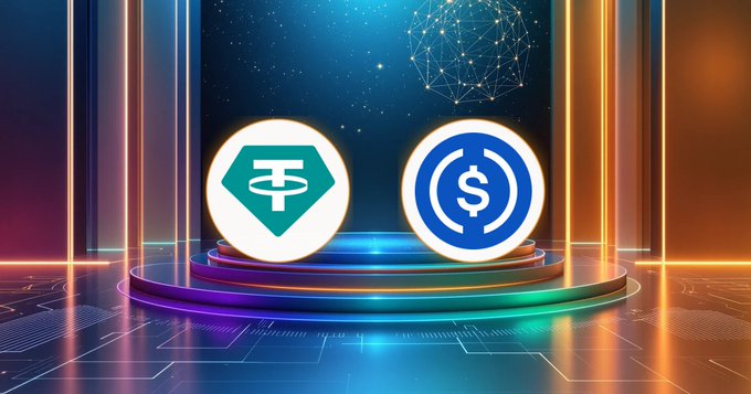 A digital graphic displays the Tether (USDT) and USDC cryptocurrency logos on illuminated circular platforms against a futuristic blue and orange background with a geometric network pattern.