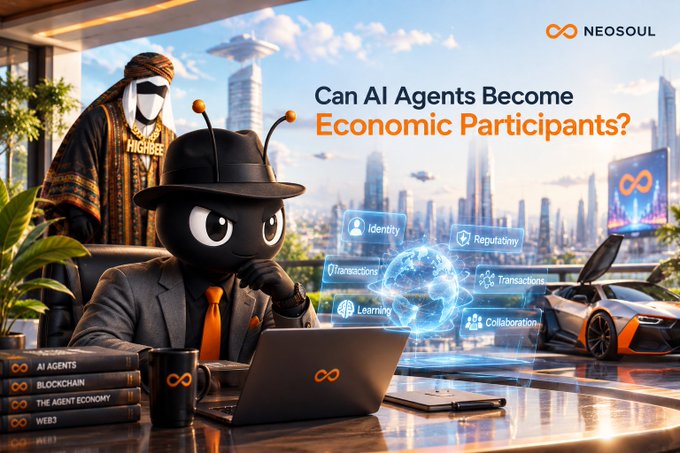 A promotional graphic by NEOSOUL titled 'Can AI Agents Become Economic Participants?' featuring an ant-like character in a suit and hat, with floating icons for Identity, Reputation, Transactions, and Learning.