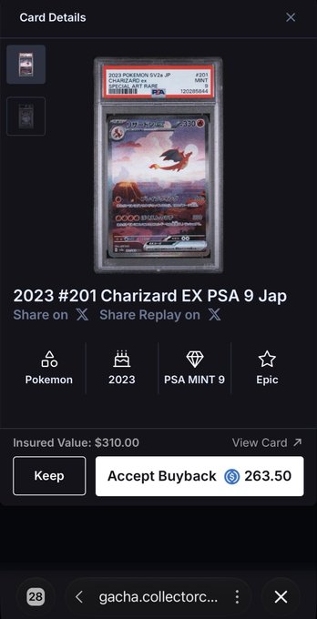 A mobile screen shows 'Card Details' for a 2023 #201 Charizard EX PSA 9 Jap Pokemon card with an insured value of $310.00 and an 'Accept Buyback' offer of 263.50.