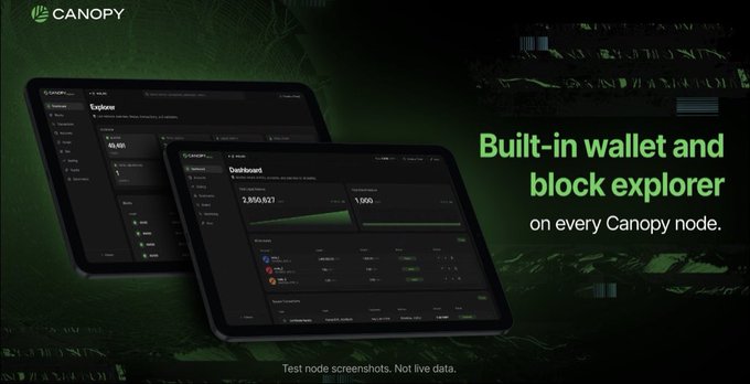 A promotional image for Canopy showing tablets displaying a dashboard interface, advertising 'Built-in wallet and block explorer on every Canopy node.'