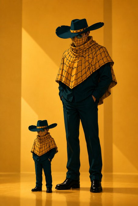 A stylized image shows two figures, one larger and one smaller (appearing as a miniature version), both dressed identically in dark suits, wide-brimmed cowboy hats, and yellow patterned scarves covering their faces, standing against a mustard yellow background.