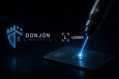 A Ledger hardware wallet is subjected to a precise blue laser pulse, illustrating Donjon's research on how a single targeted laser strike can bypass the device's firmware security check to reset the password. The image prominently features the "DONJON RESEARCH" shield logo alongside the "LEDGER" branding, visually reinforcing the post's challenge about the physical vulnerability of hardware wallets like Tangem.