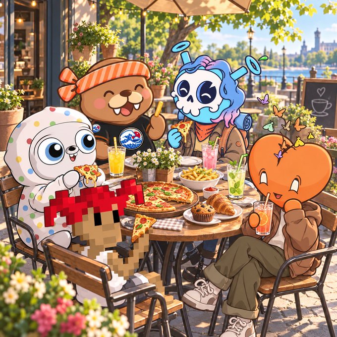 A colorful cartoon illustration of cute mascot characters including a polka-dot creature, a beaver, a skull-like character, and a heart-headed figure enjoying pizza and drinks at an outdoor café table.