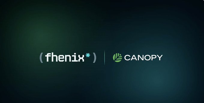 A dark green background displaying the logos 'fhenix*' and 'CANOPY' side by side, separated by a thin vertical line.