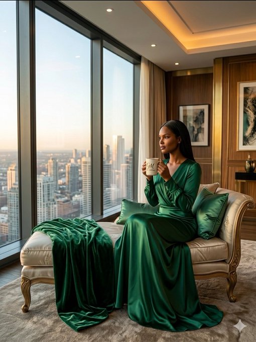 An AI-generated image of an elegant woman in a flowing green satin dress holding a mug while seated on a chaise chair next to floor-to-ceiling windows overlooking a city skyline.