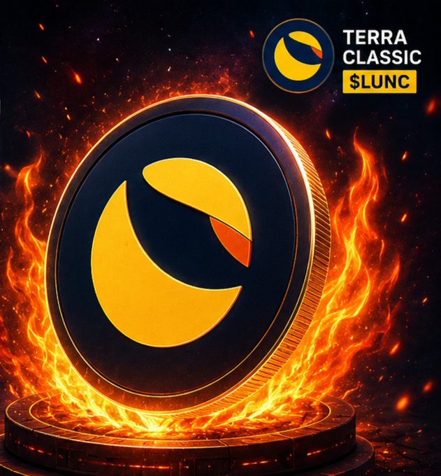 Dramatic promotional graphic for 'TERRA CLASSIC $LUNC' cryptocurrency featuring a large gold coin with the project's logo surrounded by flames and embers against a dark space-like background.
