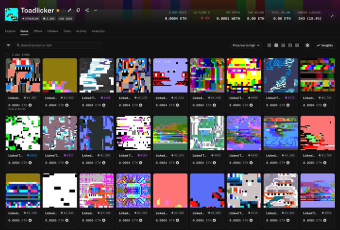 A screenshot of the Toadlicker NFT marketplace on Ethereum, displaying a grid of pixelated pixel art items with prices listed in ETH.