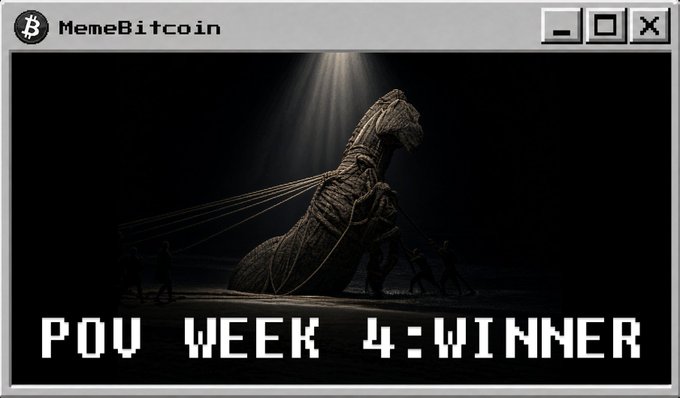 A meme cryptocurrency community announces "POV Week 4 Winner" results, presented in a retro Windows-style window titled "MemeBitcoin," featuring a dramatic scene of silhouetted figures pulling a giant Trojan horse illuminated by a spotlight, symbolizing the community's stealthy, knight-like efforts to tackle genuine challenges hidden beneath the meme theme.