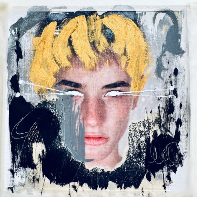 An artistic mixed-media painting depicting a face with yellow painted hair, white eyes, and abstract black brushstrokes.