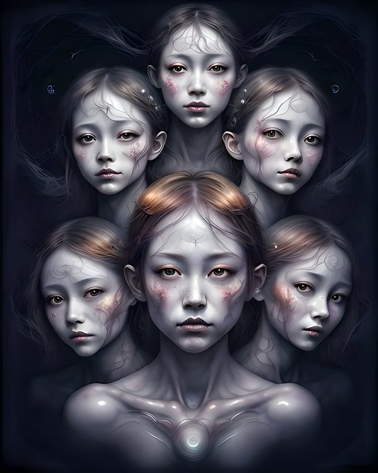A dark, surreal digital painting of multiple identical faces of a young girl with cracked, veined skin arranged symmetrically around a central figure.