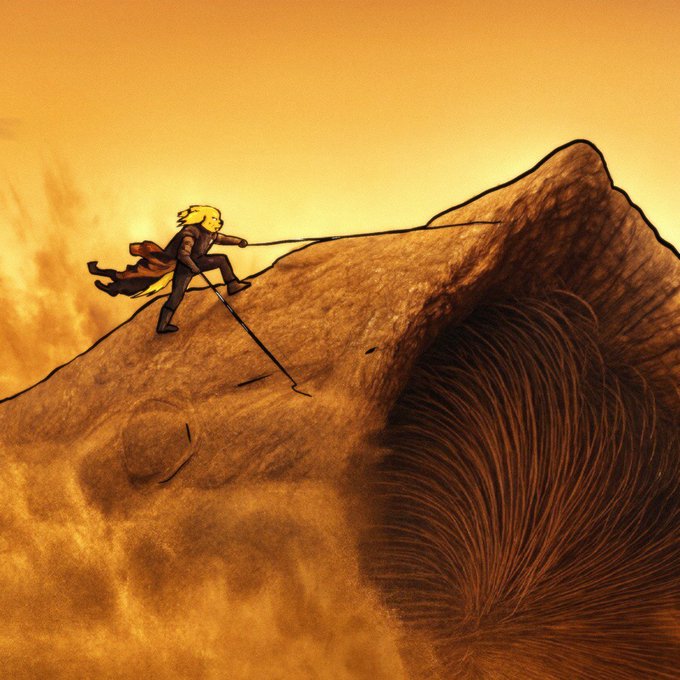 A stylized illustration of a blonde figure with a red scarf climbing up the side of a giant lion's face against a warm orange background.