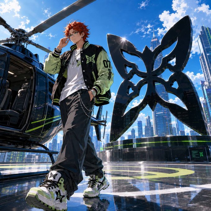 An anime-style illustration of a red-haired young man wearing glasses and a green varsity jacket with butterfly motifs, standing in front of a helicopter on a helipad with a modern cityscape behind him.